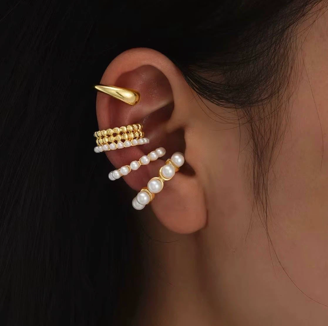 Set of 4 Pearl & Gold-Toned Ear Cuffs