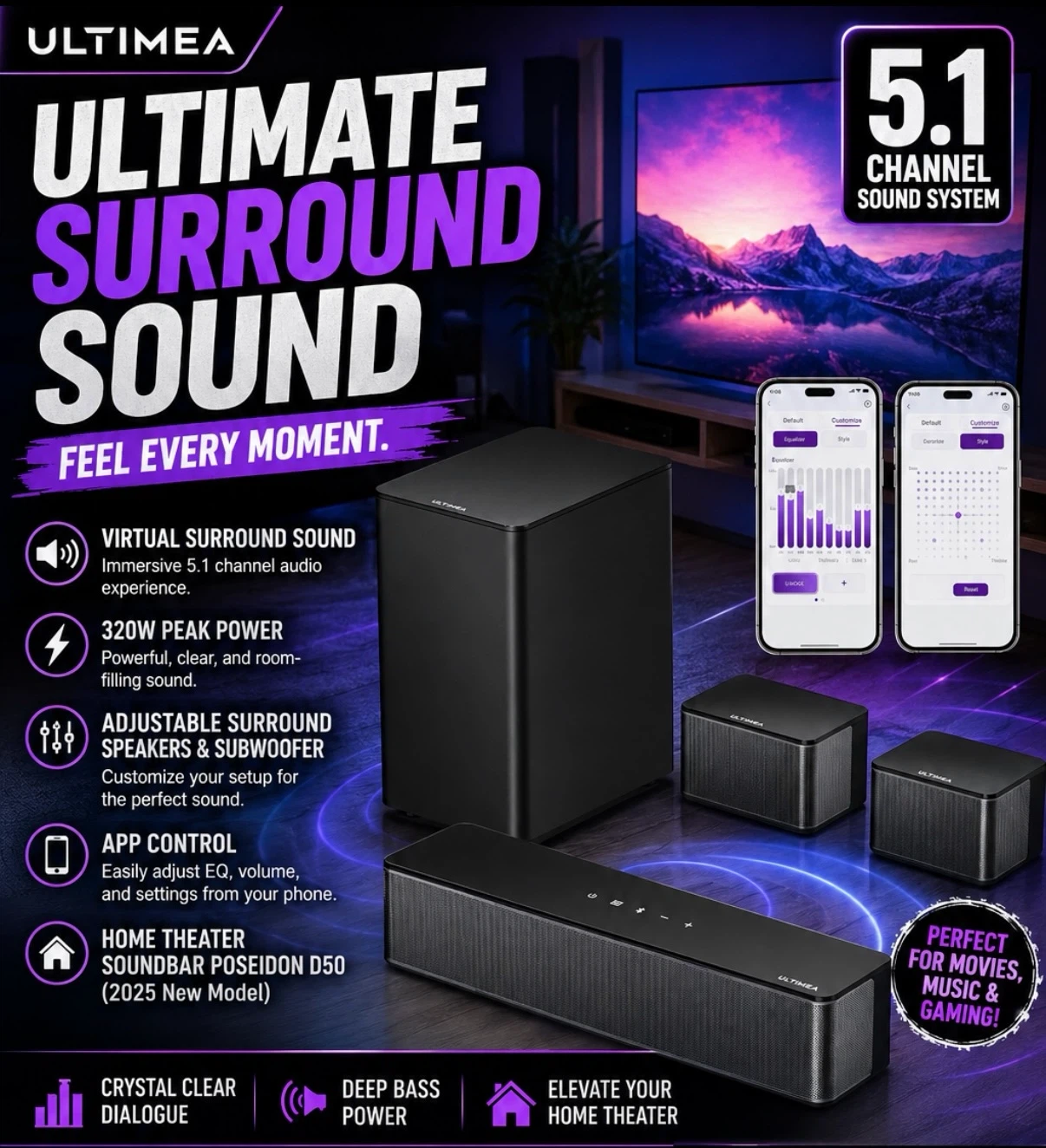 ULTIMEA 5.1 Channel Sound System with Poseidon D50 Soundbar