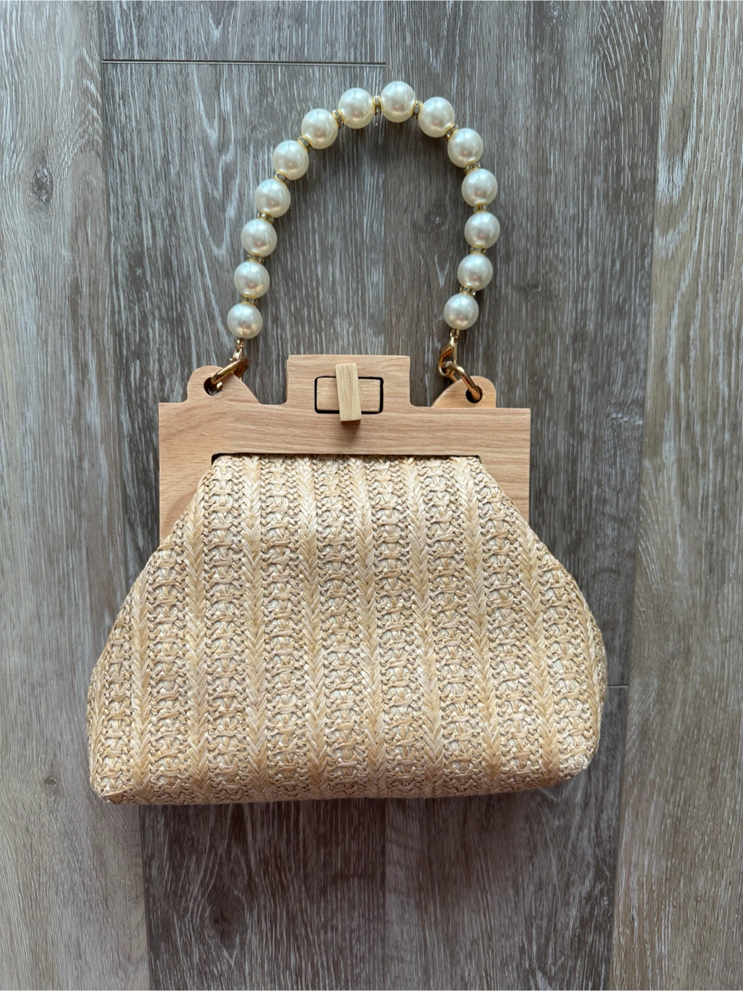 Straw style Clutch with Wooden Frame and Pearl Handle