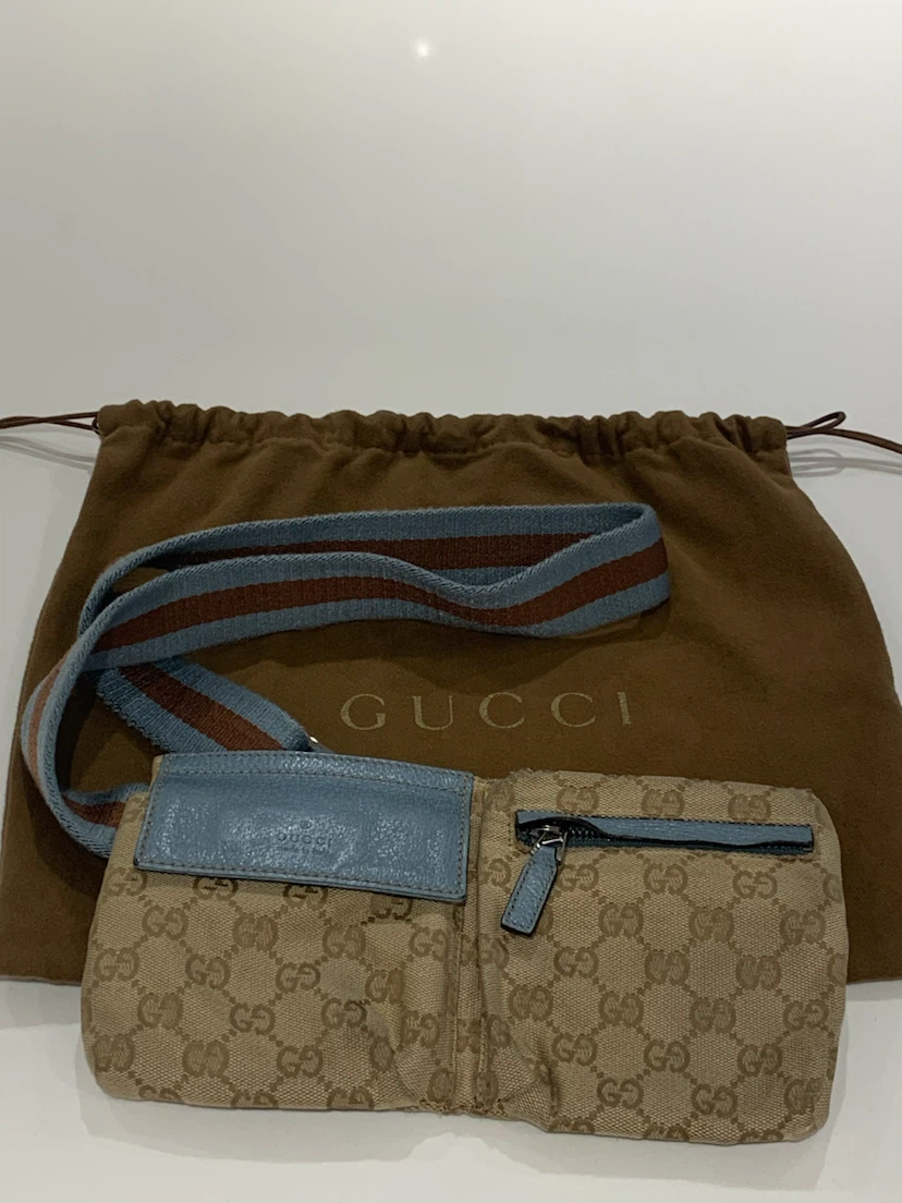 💙 Authentic Gucci Monogram Belt Bag with Blue Leather Accents 💙