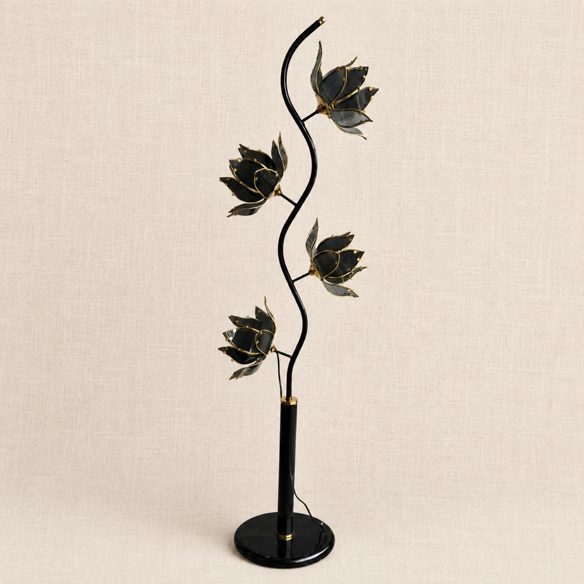 Vintage Lotus Floor Lamp Hollywood Regency Smoked Glass