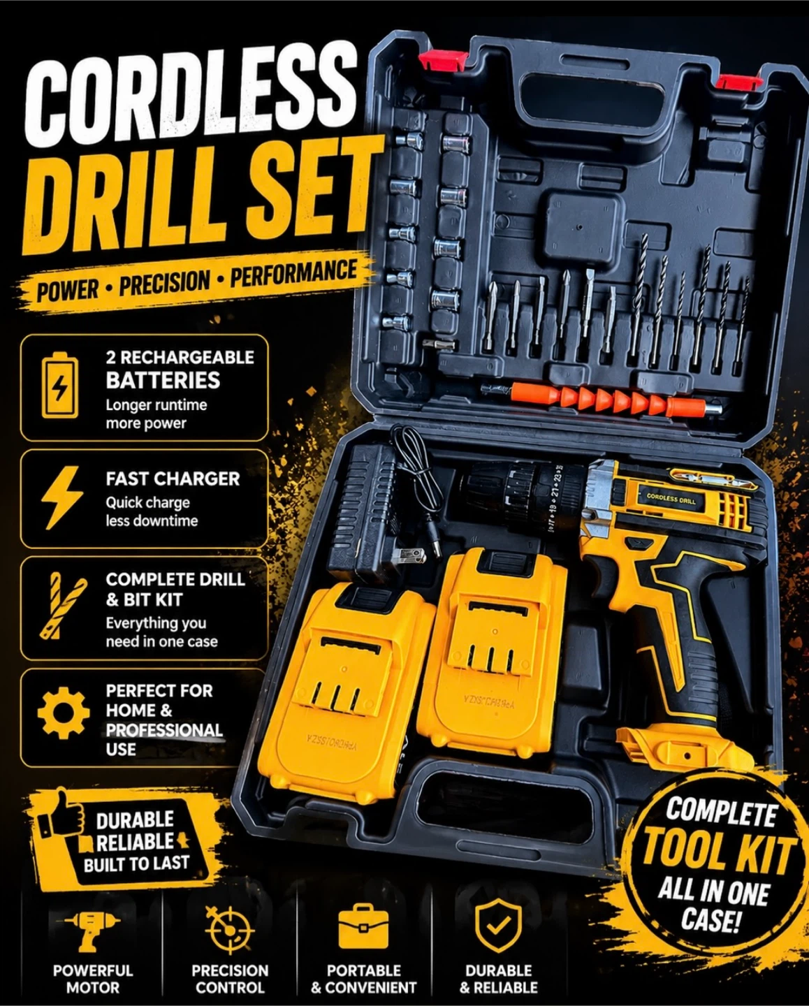 Cordless Drill and Bit Set with 2 Batteries