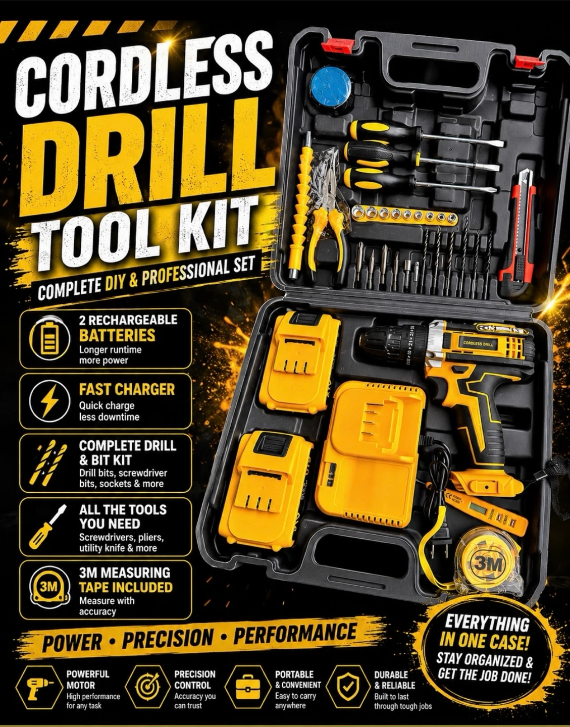 Cordless Drill Tool Kit - Complete DIY & Professional Set