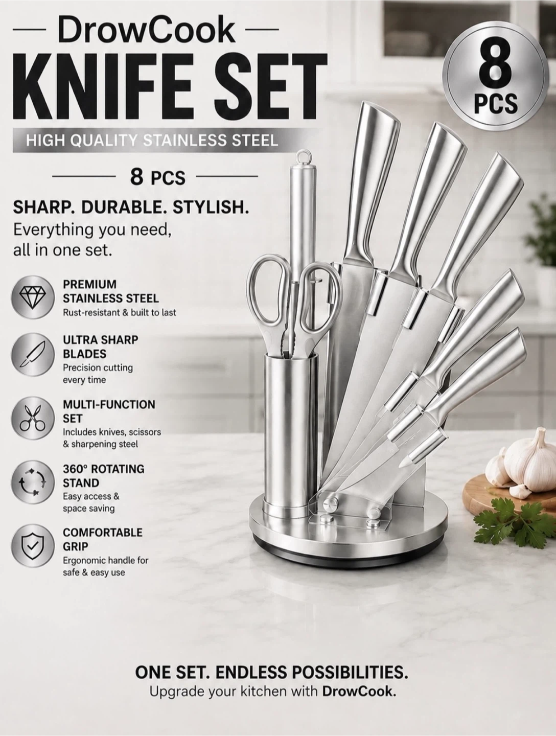 DrowCook 8-Piece Stainless Steel Knife Set