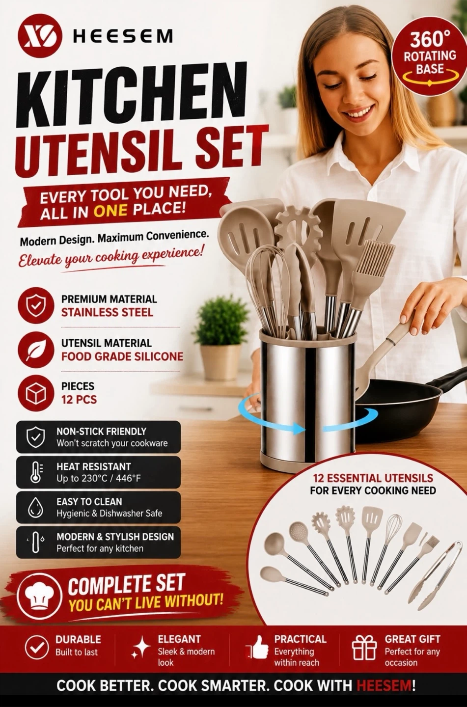 HEESEM 12-Piece Kitchen Utensil Set with Rotating Base