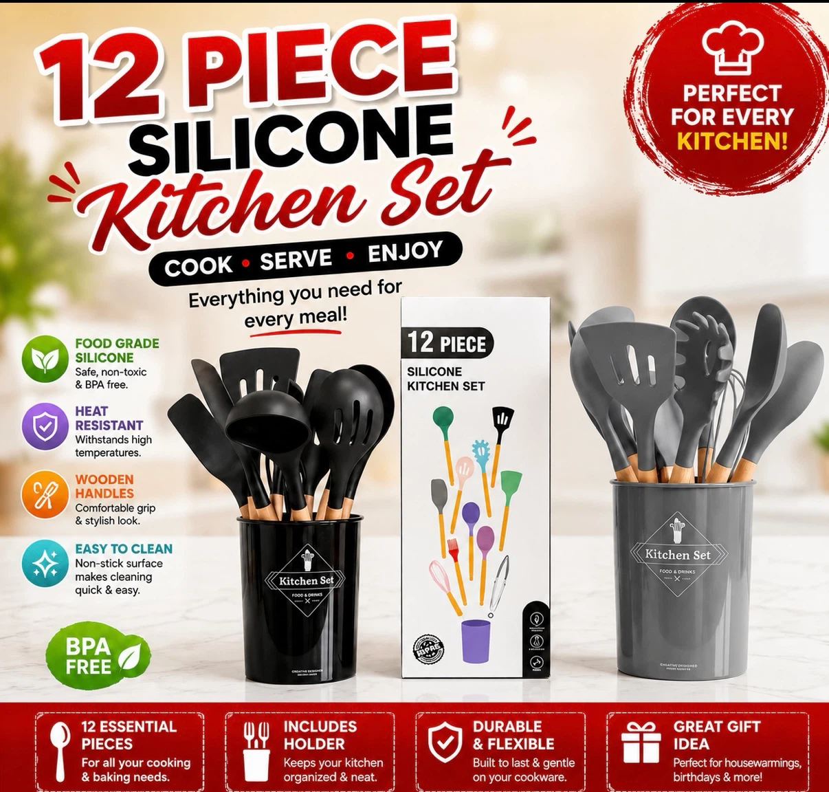 12 Piece Silicone Kitchen Utensil Set Wooden Handles & Holder