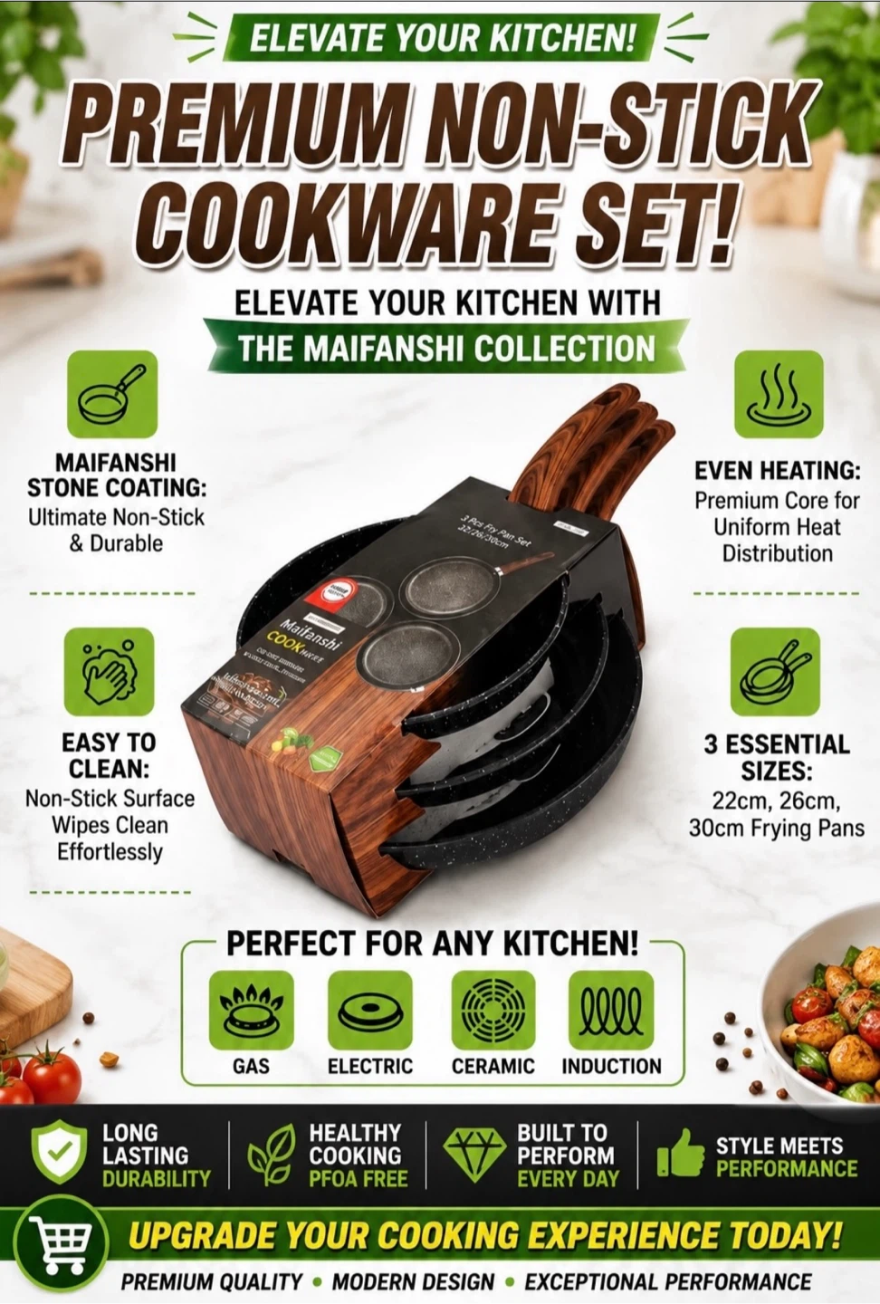 Maifanshi 3-Piece Non-Stick Fry Pan Set