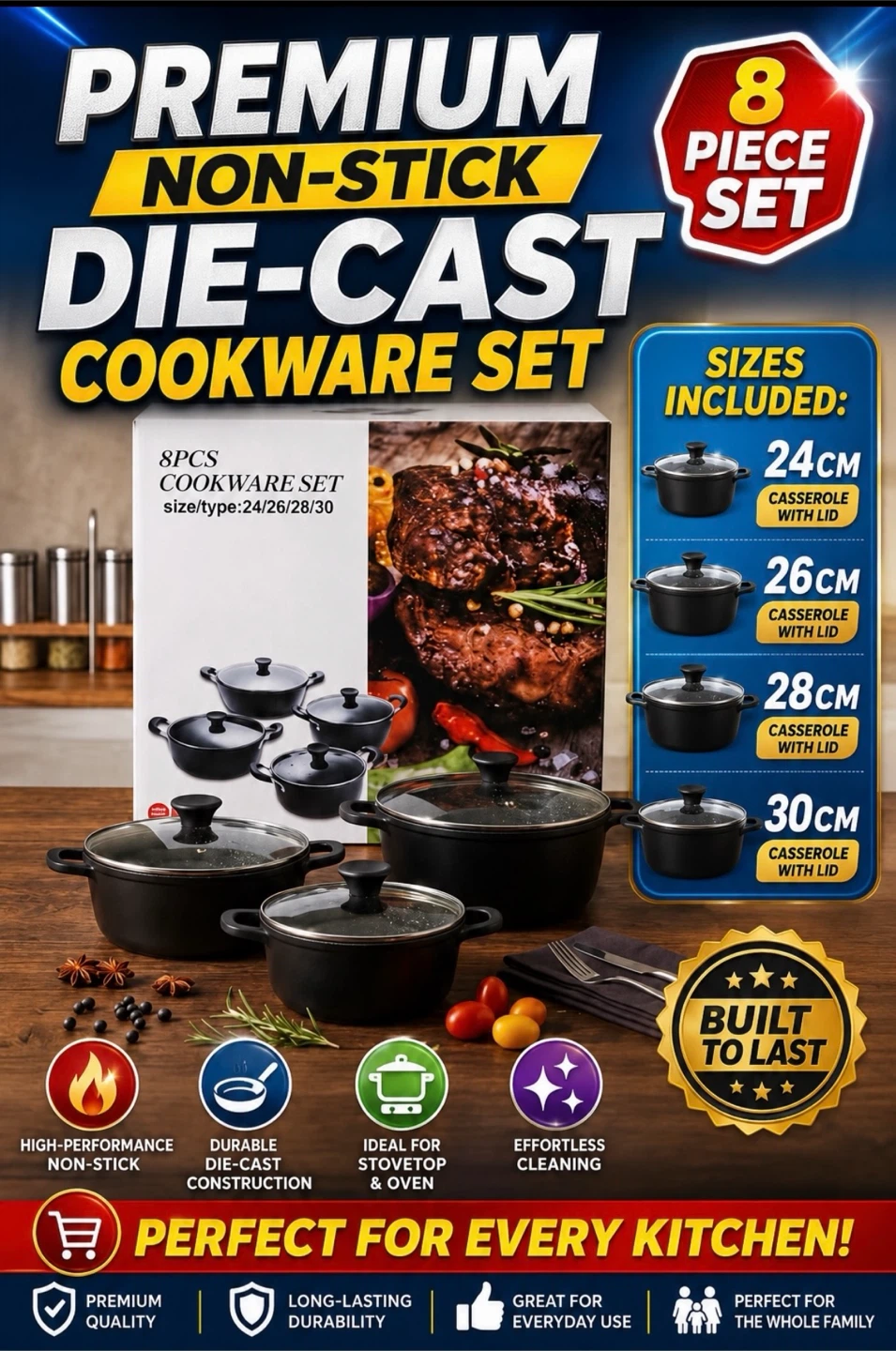 8 Piece Premium Die-Cast Non-Stick Cookware Set