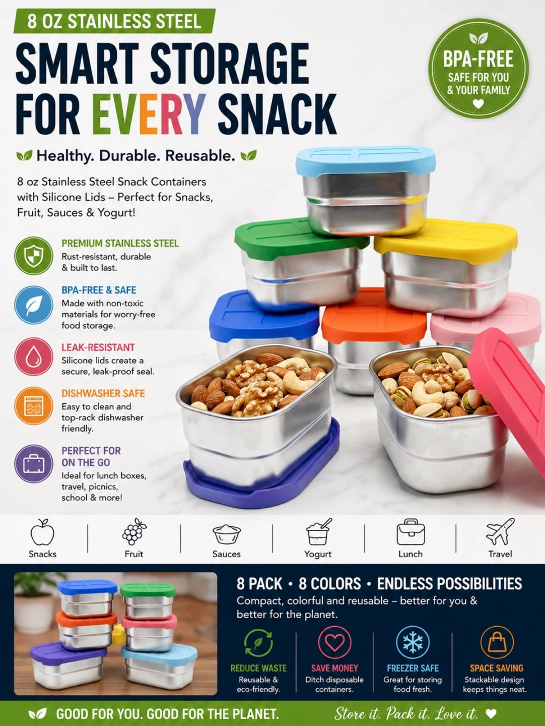 8oz Stainless Steel Snack Containers with Silicone Lids 8 Pcs