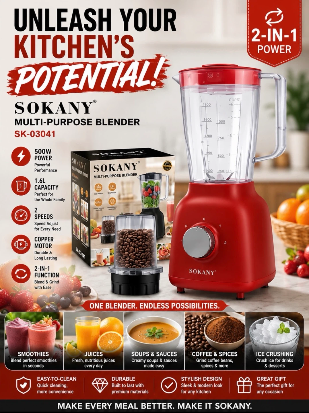 SOKANY Multi-Purpose Blender SK-03041 Red 500W