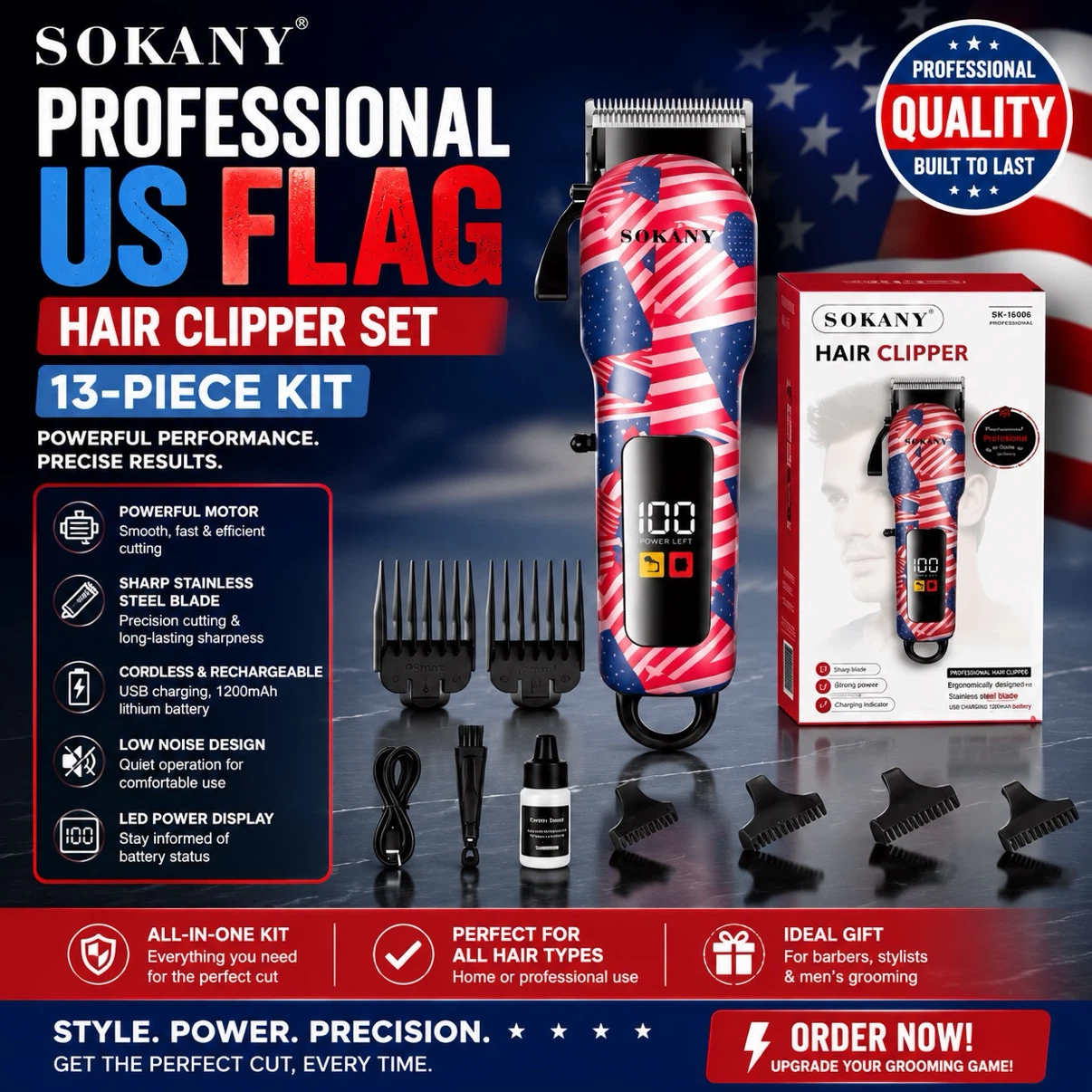 SOKANY Professional US Flag Hair Clipper Set - 13-Piece Kit