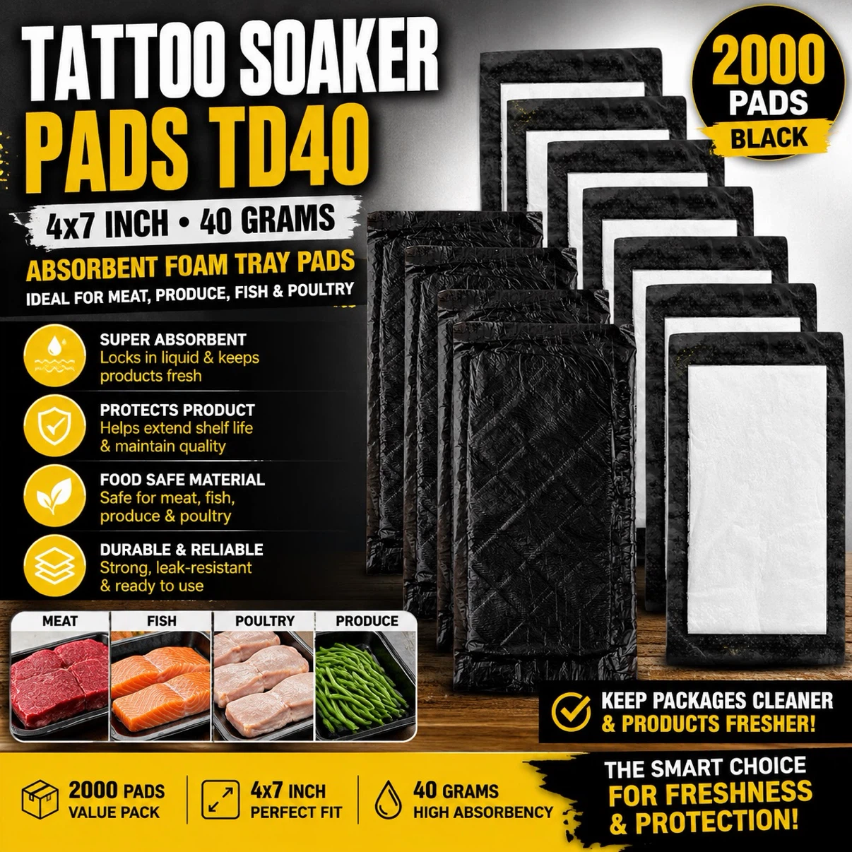Tattoo Soaker Pads TD40 - 2000 Count - 4x7 Inch Black