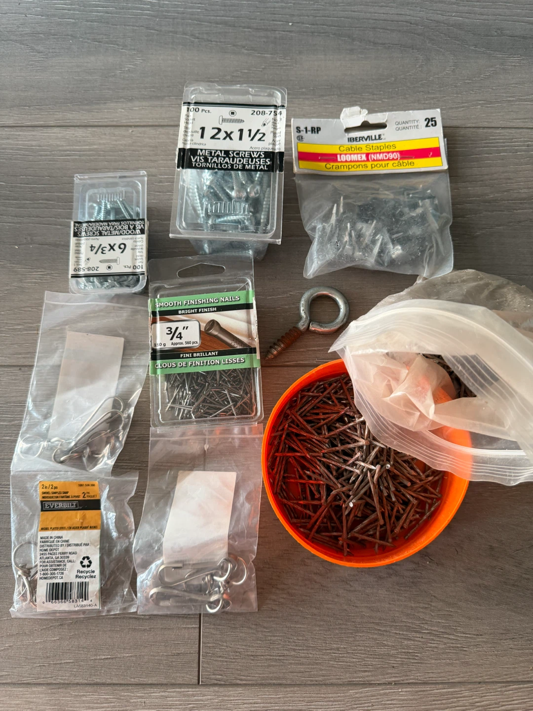 Assorted Hardware: Screws, Nails, Staples & Hooks