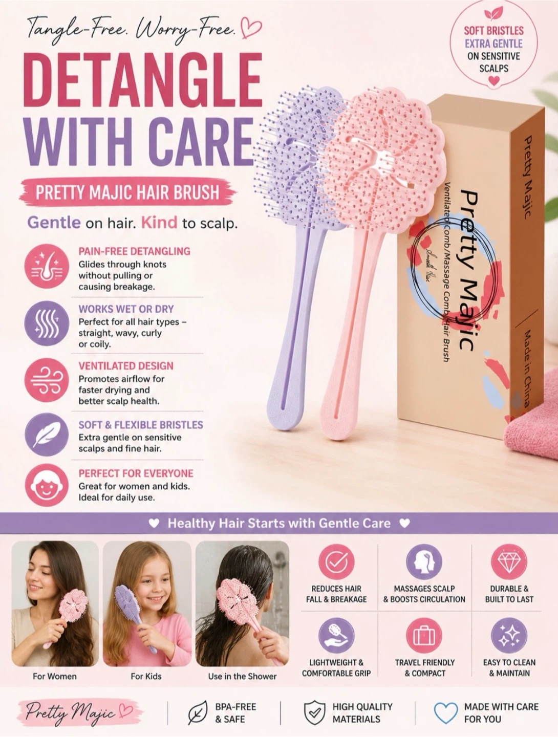Pretty Majic Hair Brush - Detangle with Care