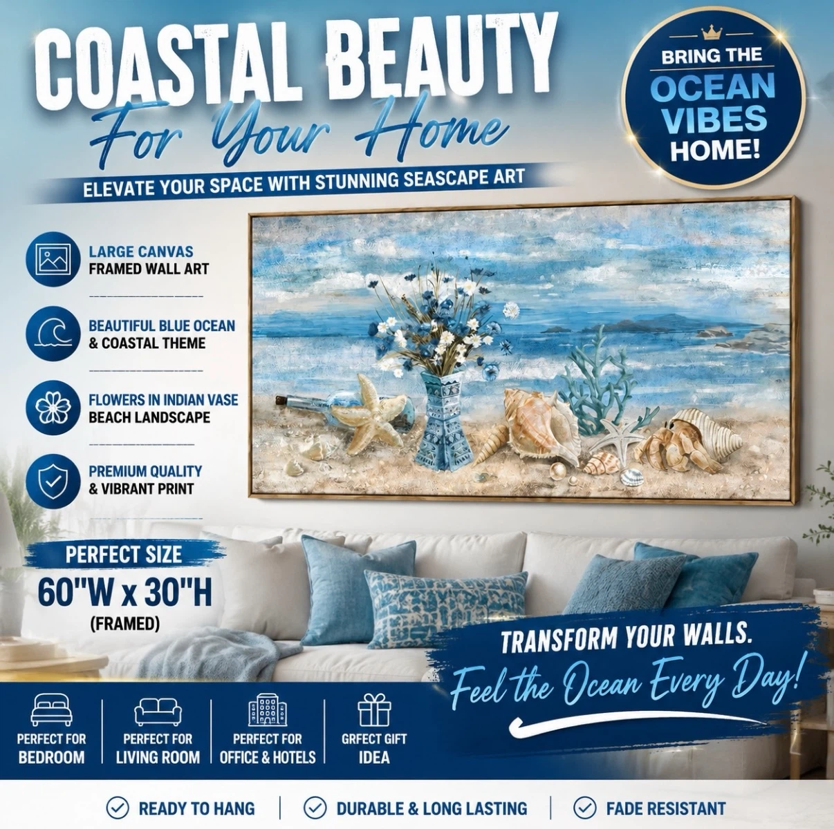 Large Framed Canvas Wall Art - Coastal Beach Landscape