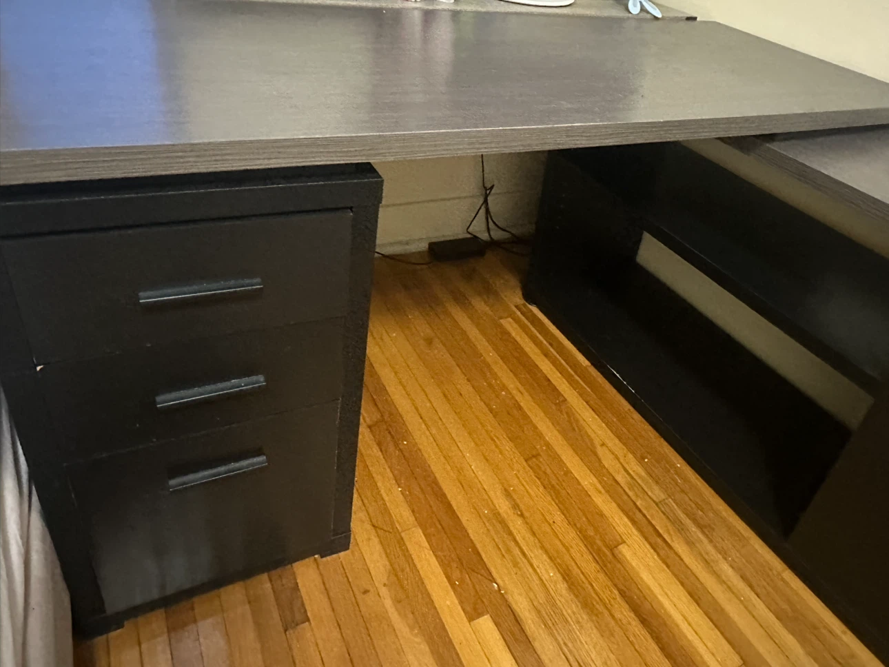 Dark Wood L-Shaped Desk with Drawers and Shelving