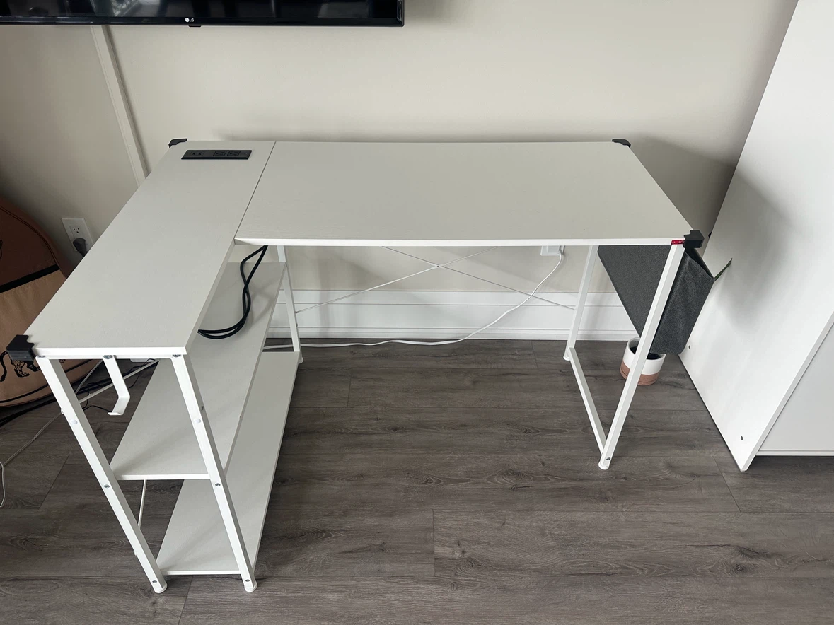 White L-Shaped Computer Desk with Shelves – Excellent Condition