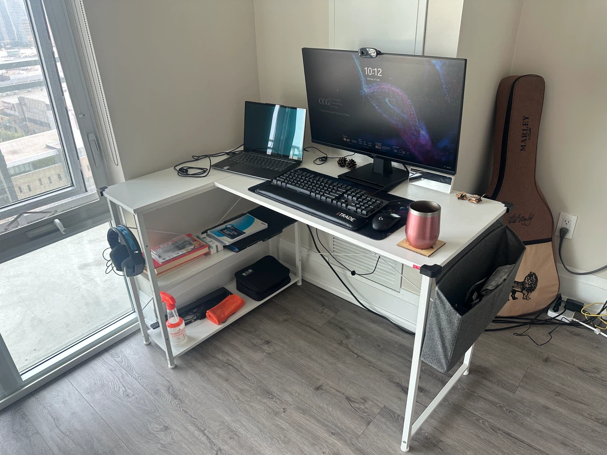 White L-Shaped Computer Desk with Shelves – Excellent Condition - photo 5