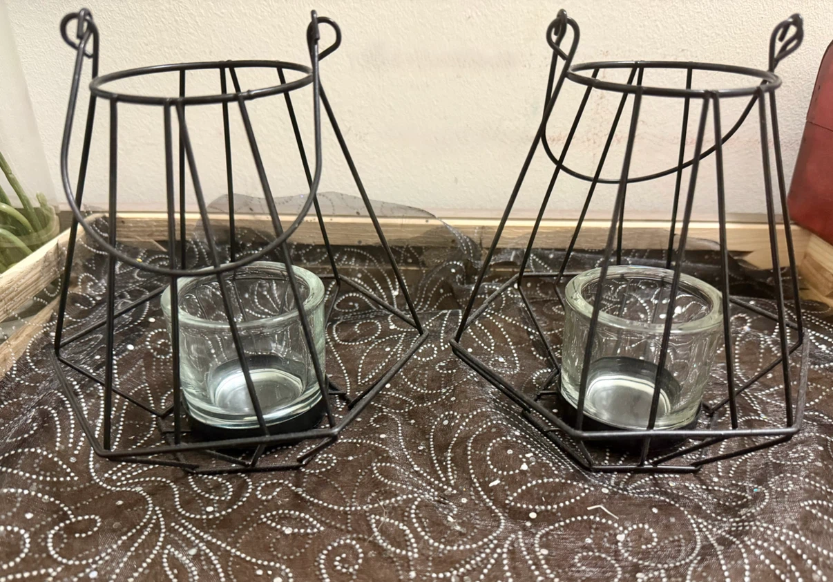 Black Metal Wire Lantern Candle Holders - Set of 2 - photo 5