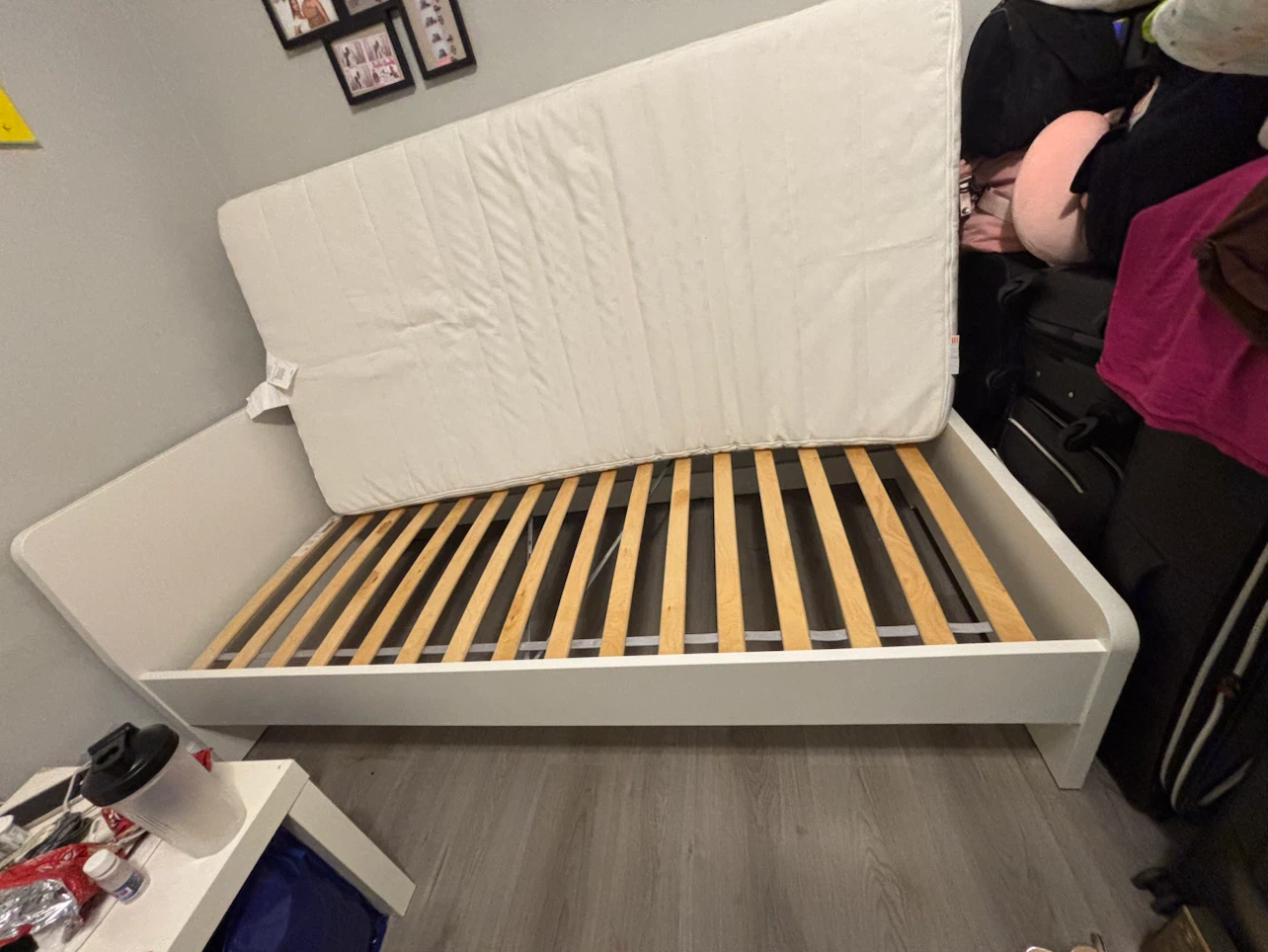 White Twin Bed Frame with Slats and mattress