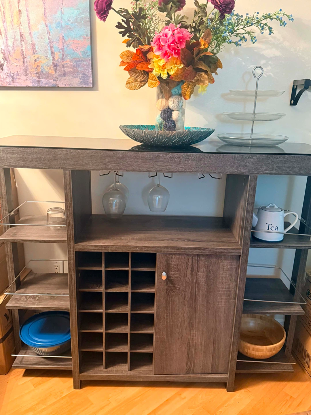 Wooden Bar Console with Wine Rack and Cabinet
