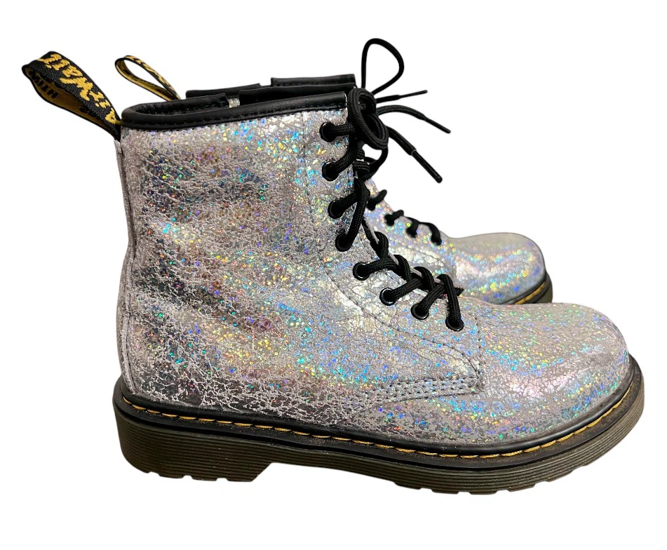 New Dr. Martens 1460 J Nebula Glitter Boots – Silver | Kids Sz3
