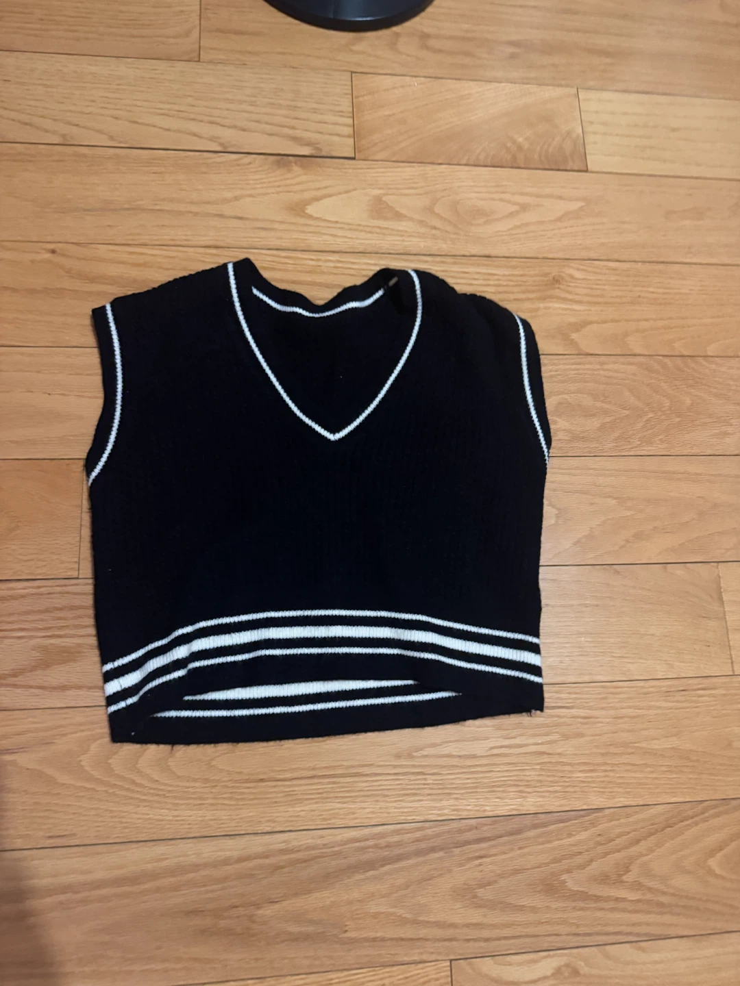 Black V-Neck Sweater Vest with White Stripes
