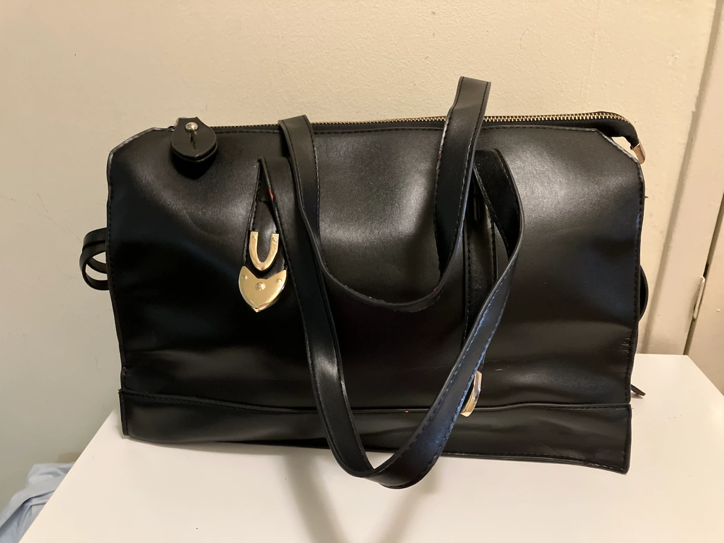 Black Faux Leather Satchel Handbag