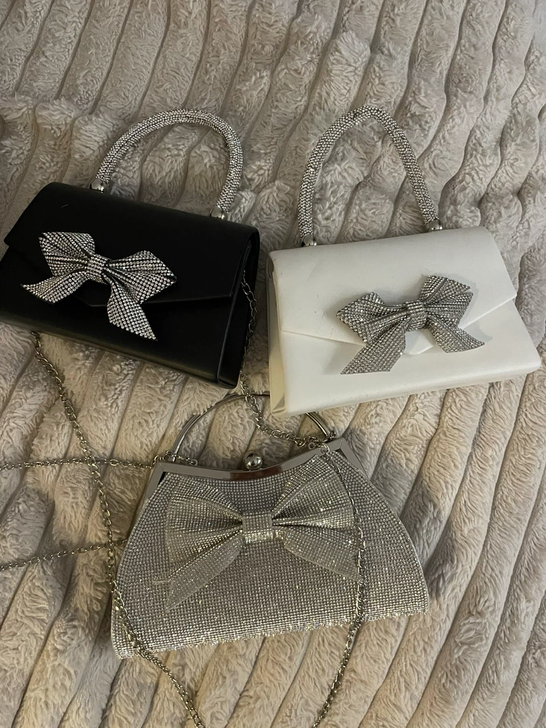 Sparkly Bow Handbags - Black, White, Silver