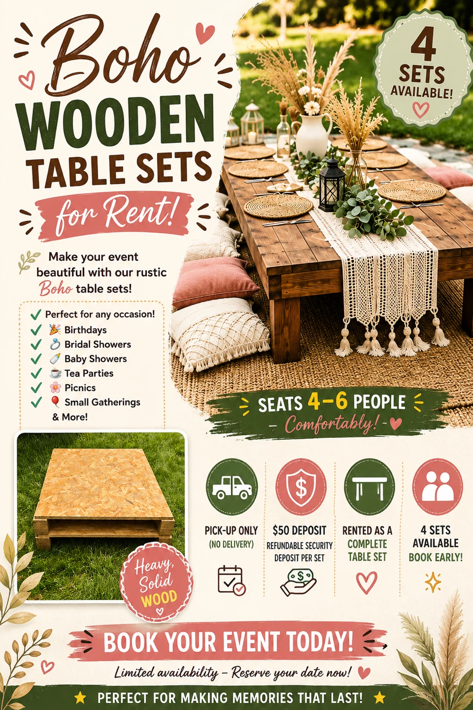 Boho Wooden Table Sets for Rent!