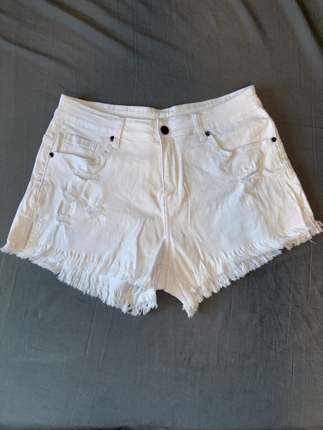 White Denim Shorts with Fringed Hem - Size L
