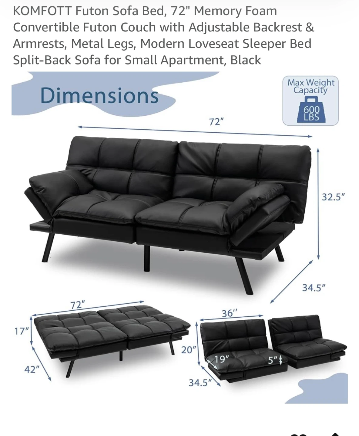 Futon Sofa Bed - Black - photo 4