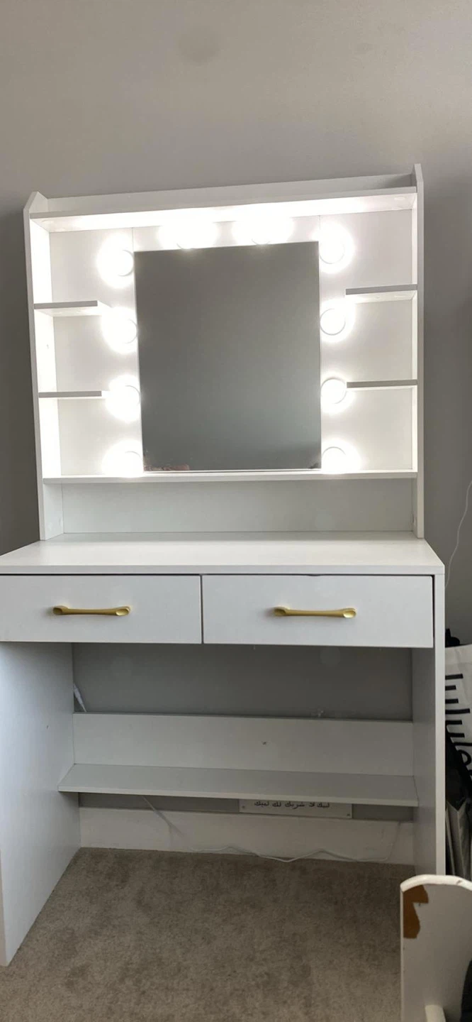 White Vanity Desk with Lights and Mirror