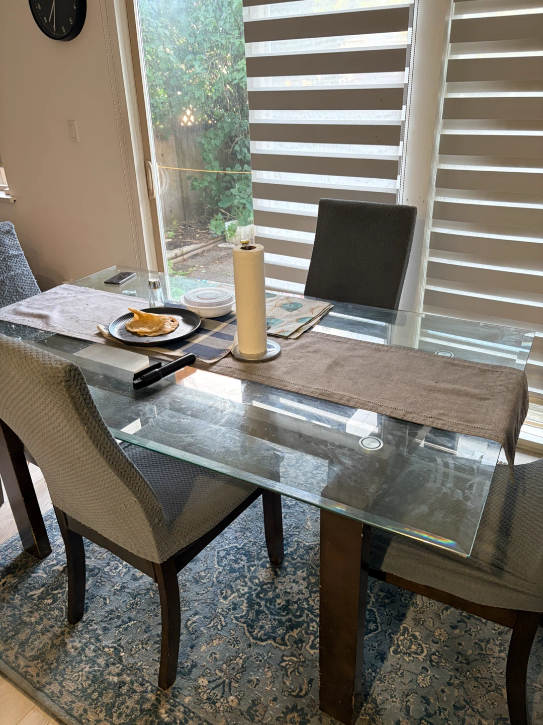 Glass Dining Table with Dark Wood Legs