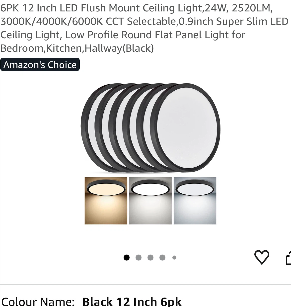 6PK 12 Inch LED Flush Mount Ceiling Light - Black 126