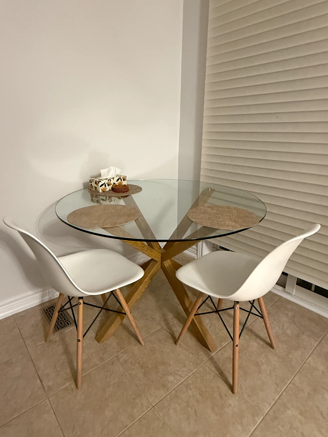 2 White Chair and Glass top dining table