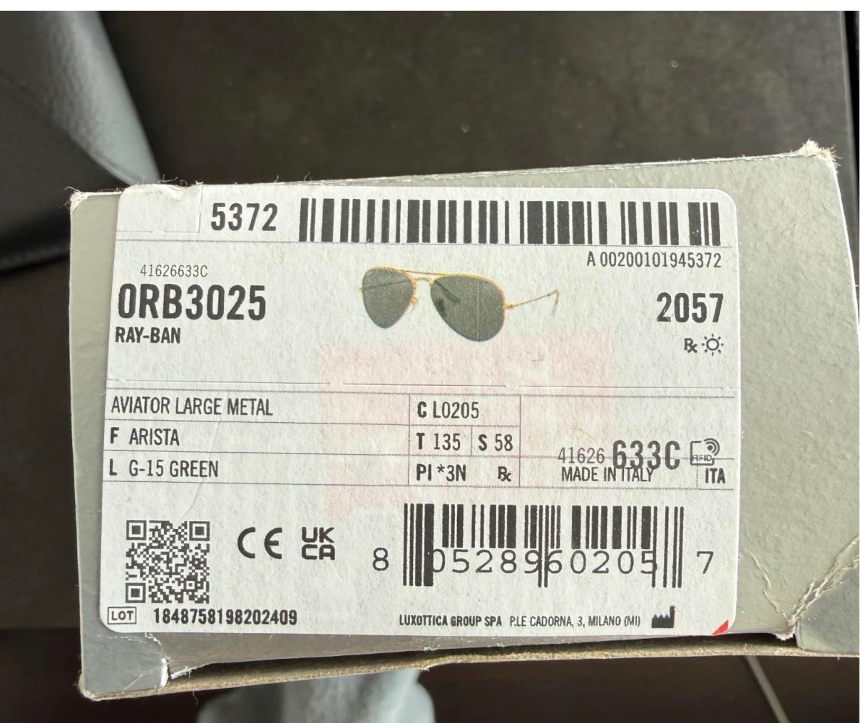 Ray-Ban ORB3025 Aviator Large Metal Sunglasses