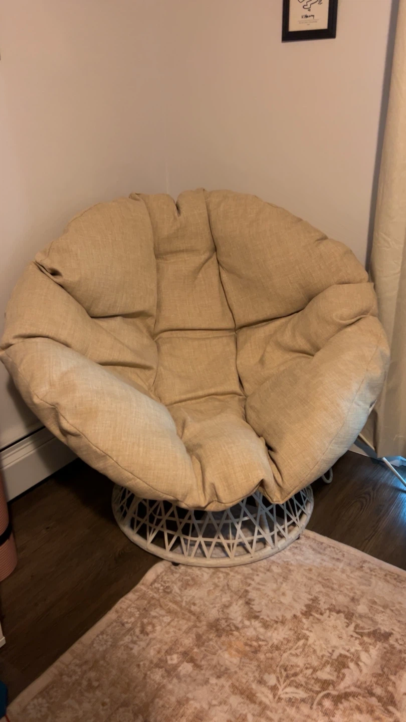 360 Swivel Tan Papasan Chair with White Woven Base