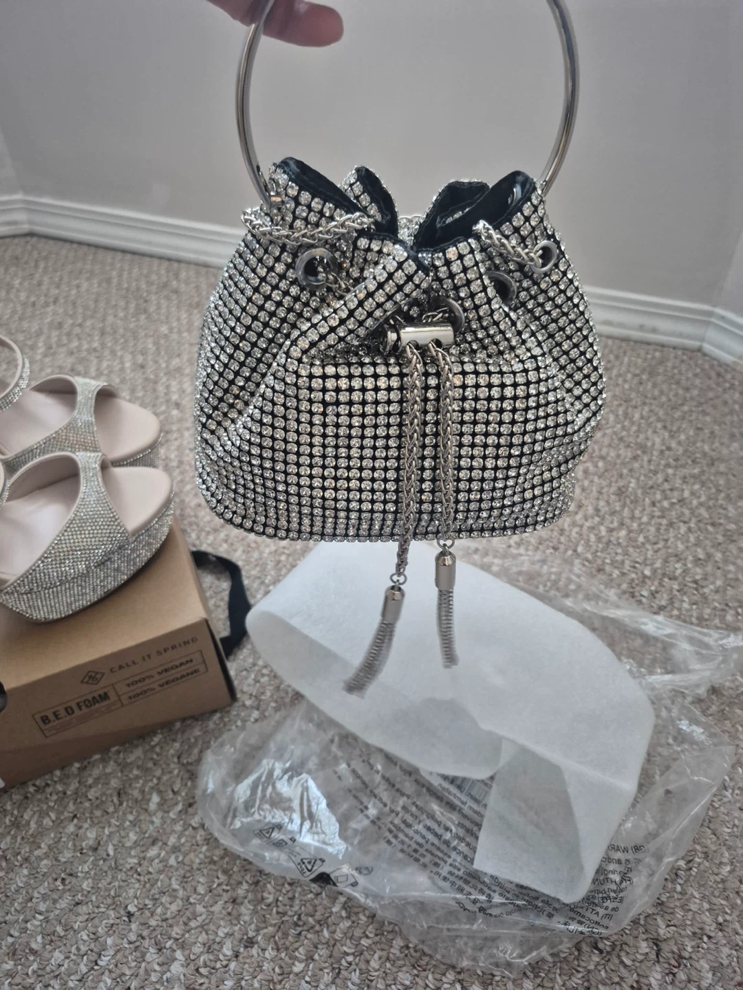Sparkly Drawstring Bag with Chain Handle