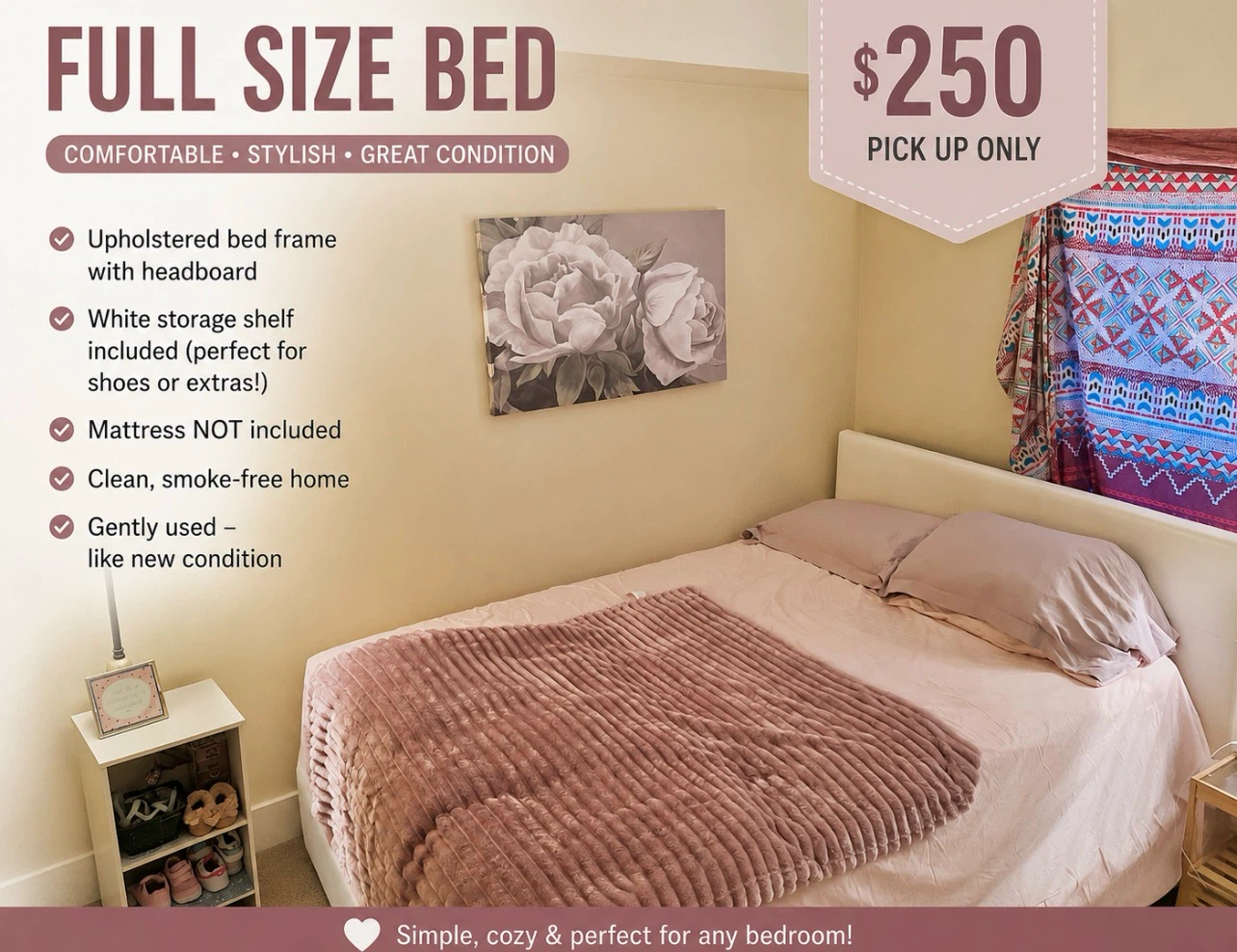 Queen Size Upholstered Bed with storage shelf