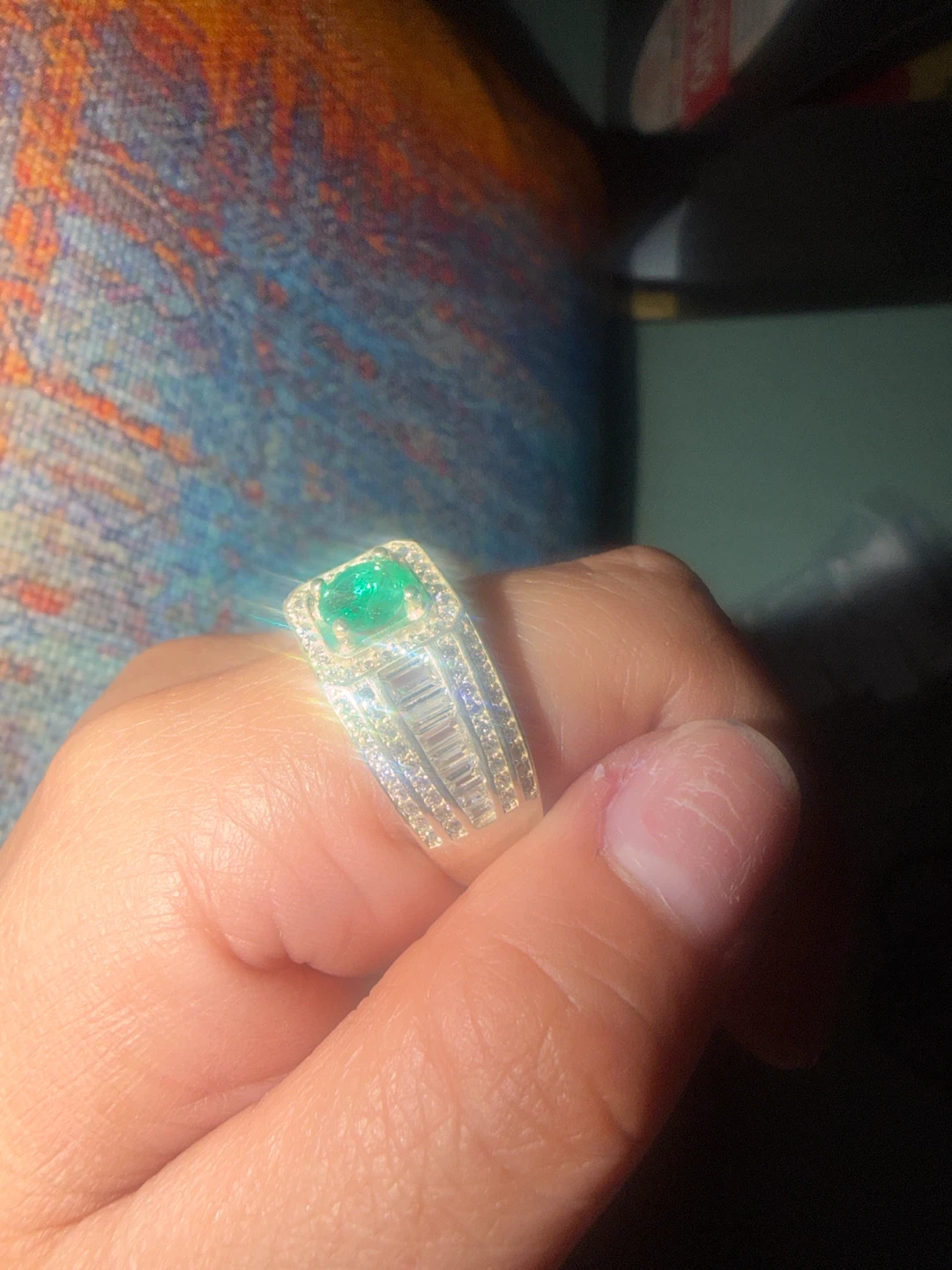 Men's Emerald and Diamond Ring Sterling Silver
