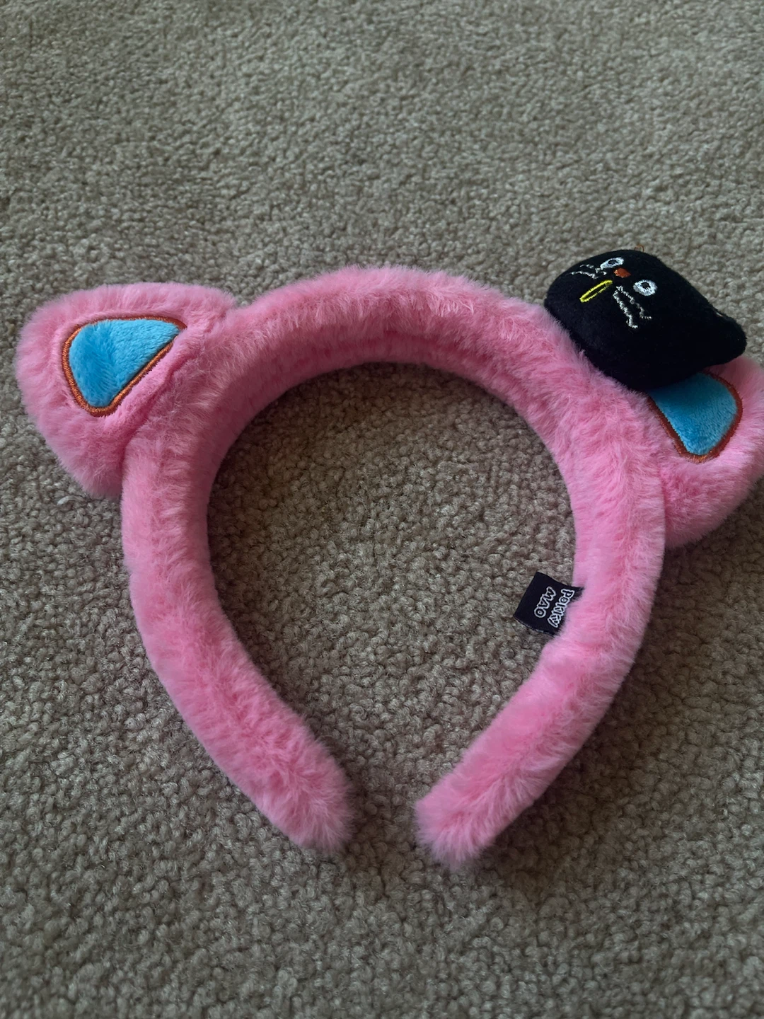 Pink Fuzzy Cat Ear Headband with Black Cat Charm