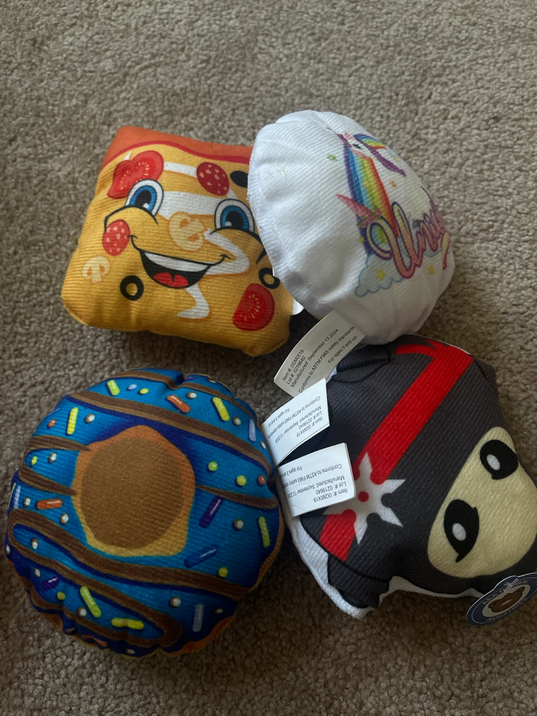 Set of 4 Plush Dog Toys (Pizza, Unicorn, Donut, Panda)