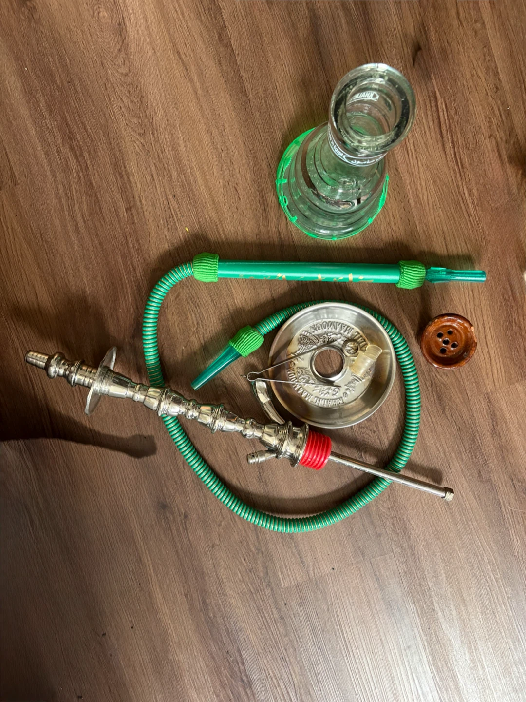 Glass Hookah with Green Hose and Metal Stem