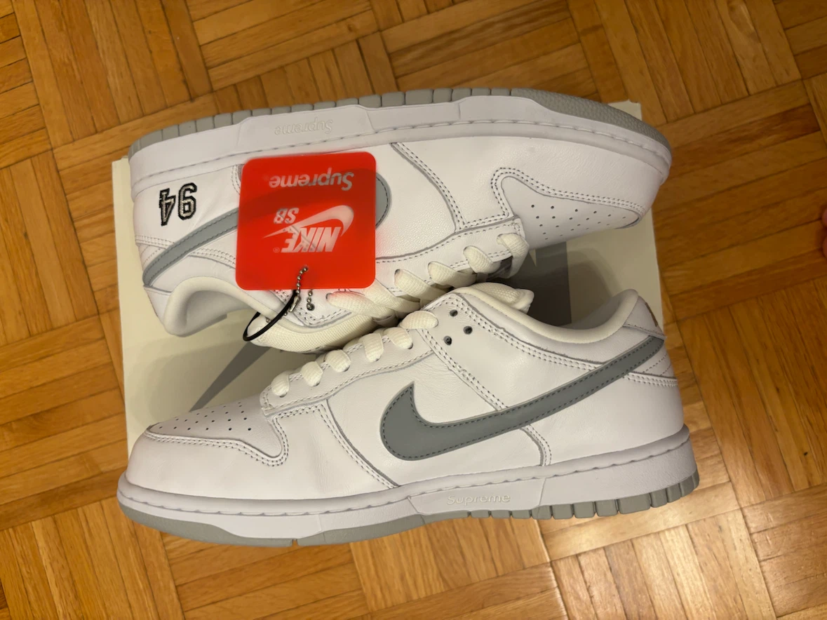Rair, Brand New Nike Supreme SB Dunk Low White Metallic Silver