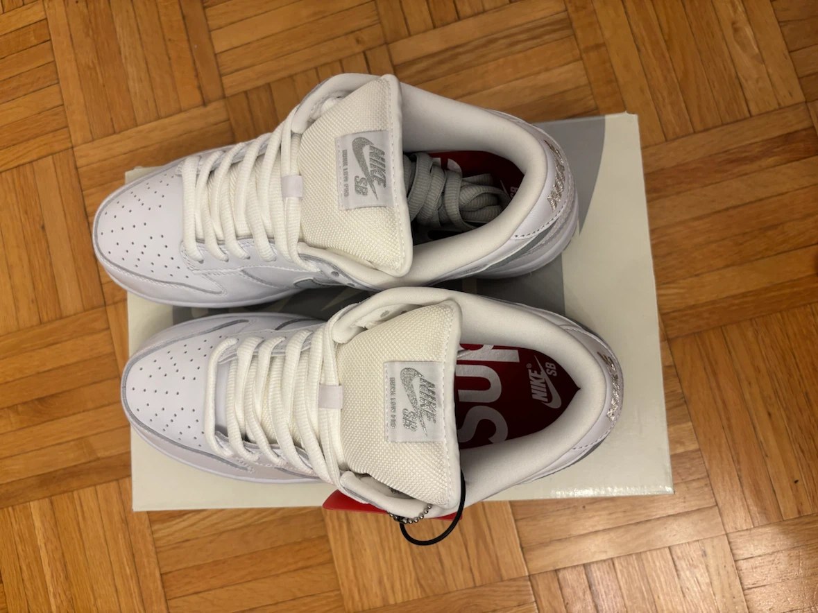 Rair, Brand New Nike Supreme SB Dunk Low White Metallic Silver - photo 2