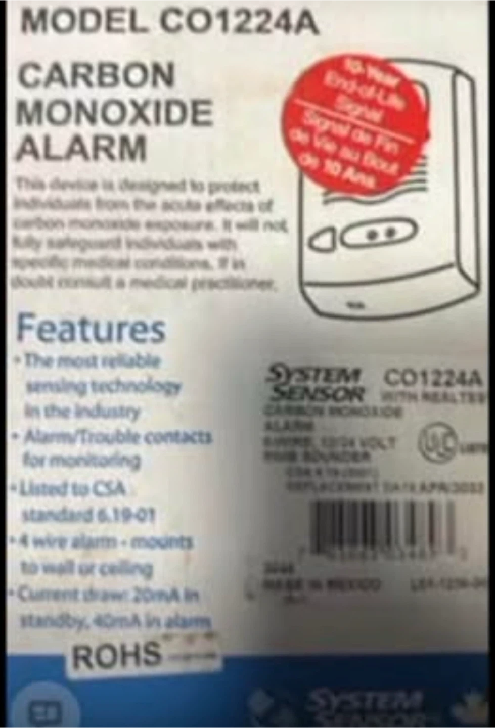 System Sensor CO1224A Carbon Monoxide Detector - photo 2