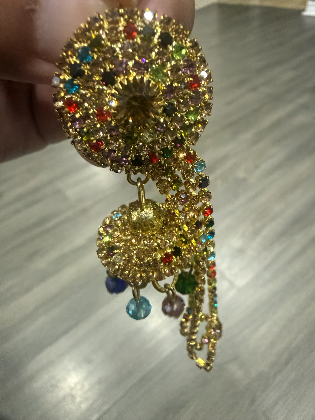 Gold-tone Jhumka Earrings with colourful stones - photo 3