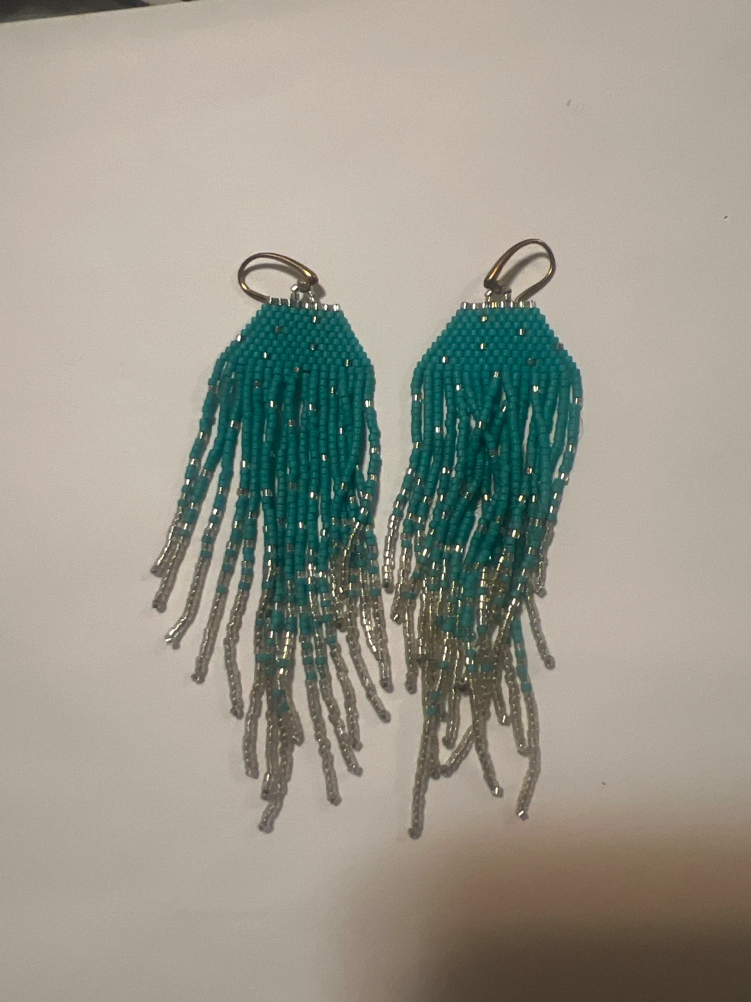 Teal beaded fringe earrings