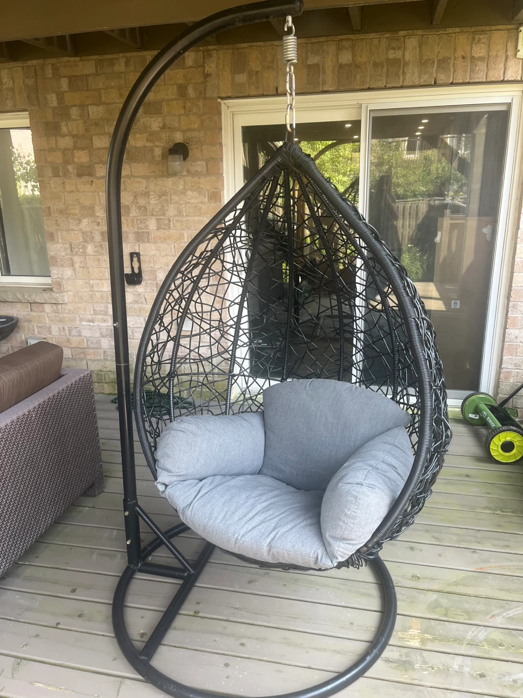 Black Wicker Hanging Egg Chair with Grey Cushion